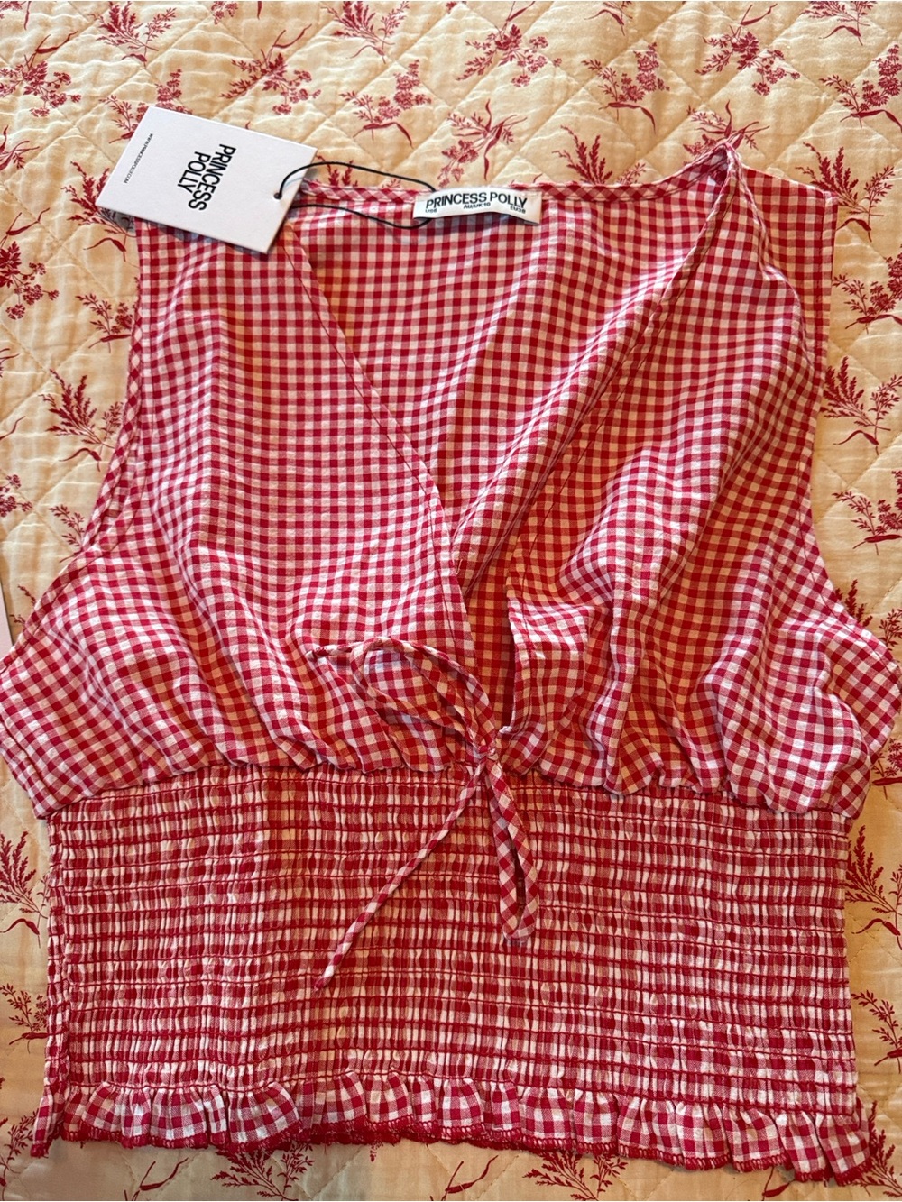 Princess Polly Red Gingham Smocked V-Neck Crop Top - Picture 2 of 5
